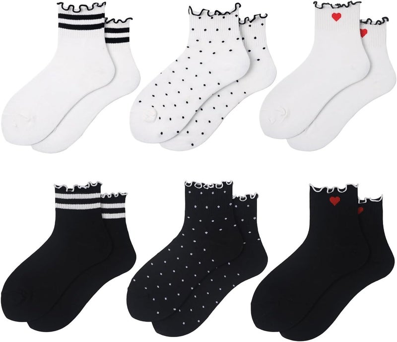 MarJunSep Ruffle Frilly Ankle Socks for Women Teen Girls Cute Crew Socks Striped Dots Heart Ribbed Thin Cotton Socks - Image 1